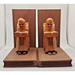 Old Man Sitting Reading Hand Carved Wood Bookends Set Folk Art Craft U190